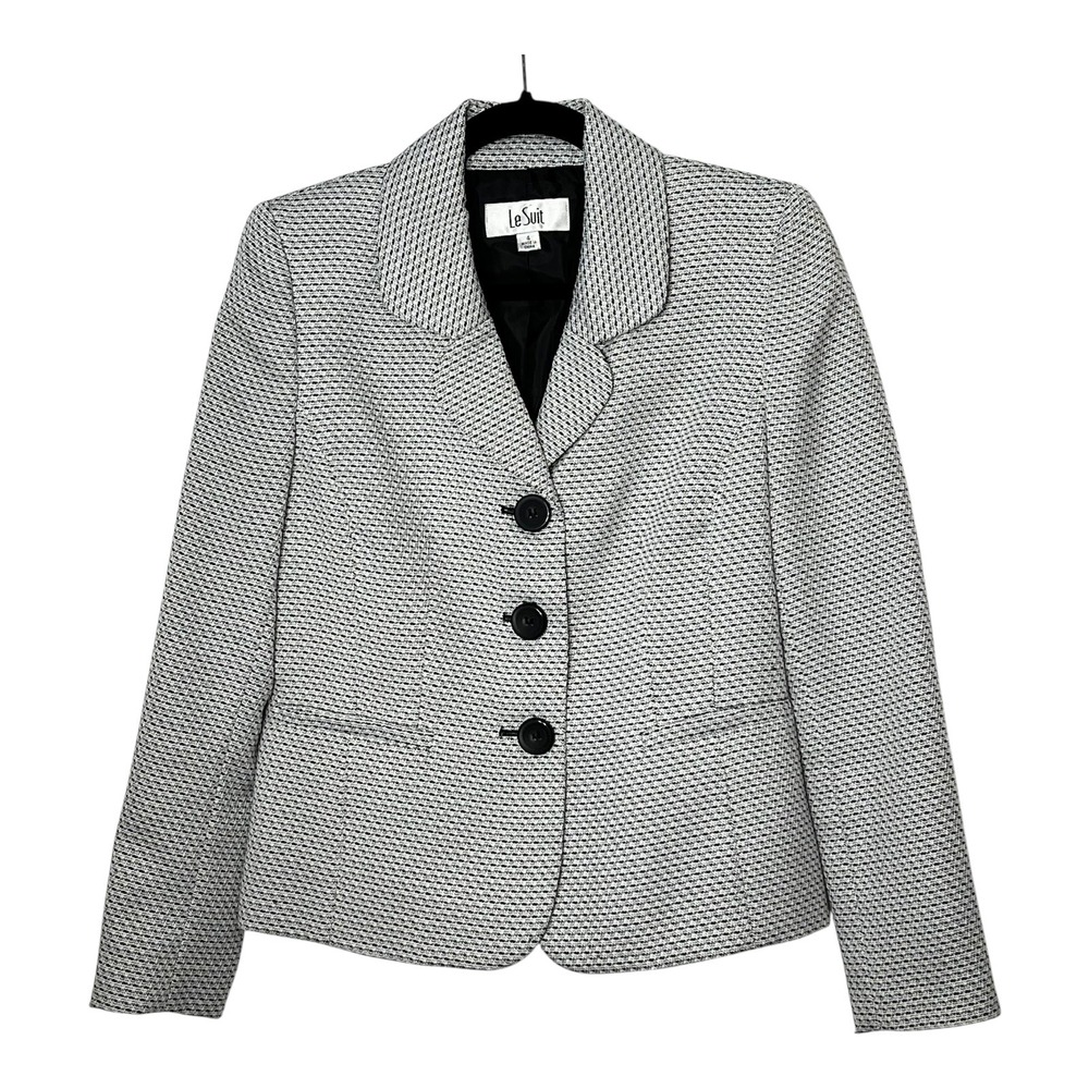Le Suit Womens Black White Textured 3 Button Blazer Jacket Size 4 Notch Lapel